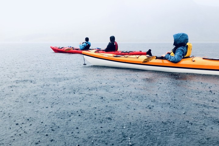 Three people kayaking on a rainy, misty lake.