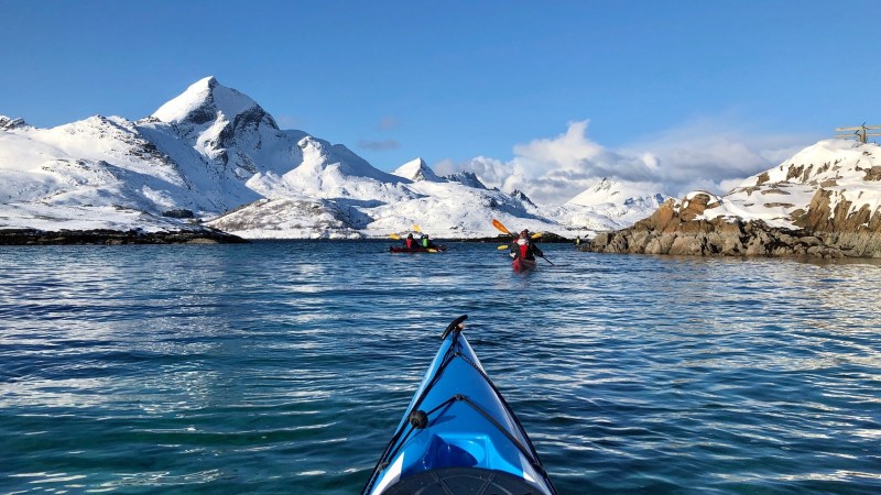 Kayakers in a blue ocean surrounded by snowy mountains under a clear blue sky.
