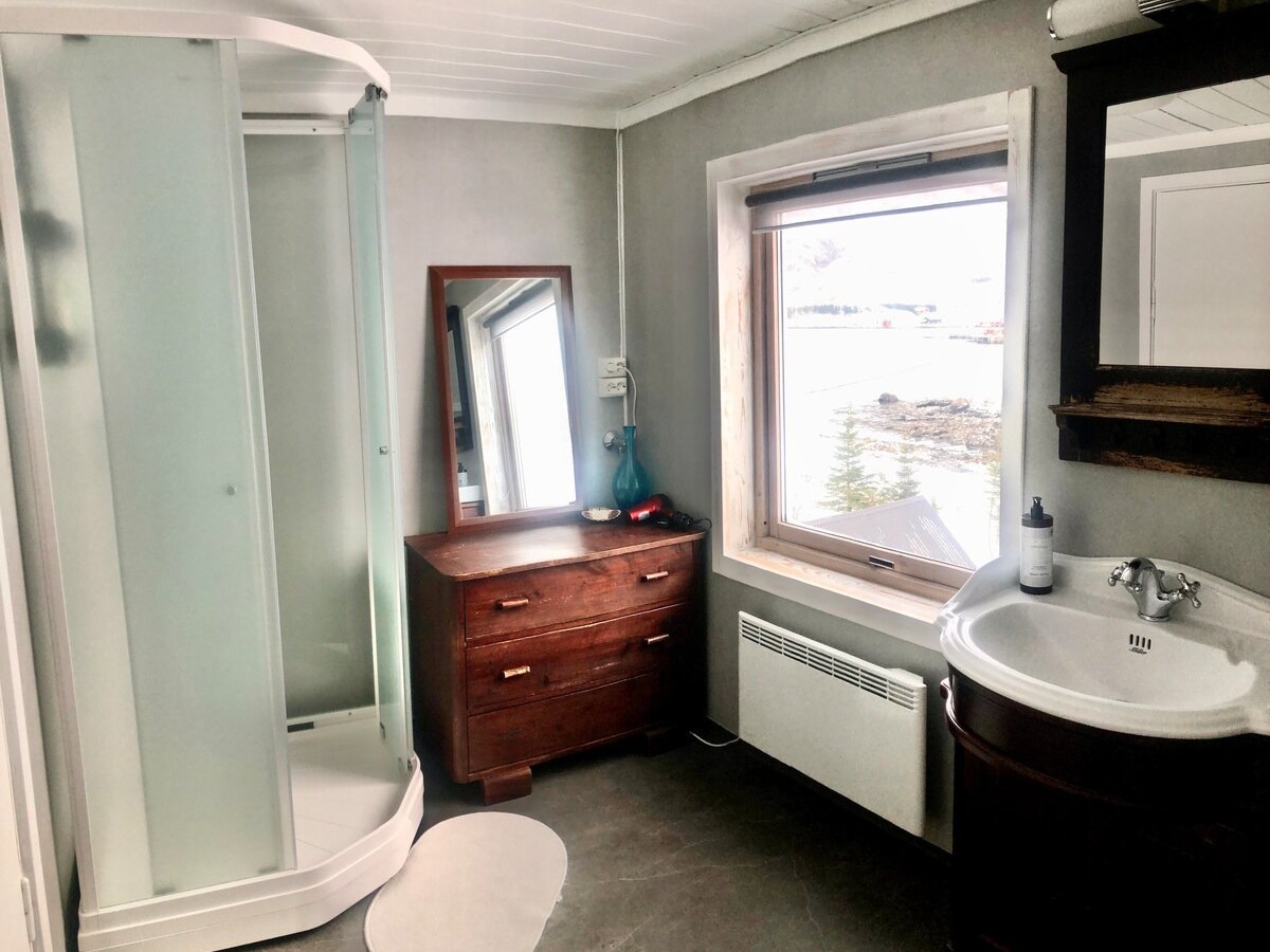 Bathroom with shower, wooden cabinet, sink, and large window with view of water.