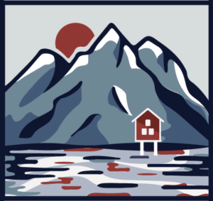 Stylized mountains, red sun, house on stilts over water in muted colors.