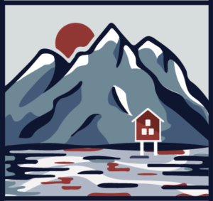 Stylized mountains, red sun, house on stilts over water in muted colors.